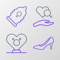 Set line Woman shoe, Gender, Heart with female gender and Condom icon. Vector