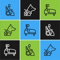 Set line Woman in wheelchair, Hospital bed and Guide dog icon. Vector