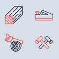 Set line Wood plane tool, Hand saw and log, Crossed hammer and Wooden beam icon. Vector