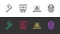 Set line Wooden axe, Binoculars, Chichen Itza Mayan and Mexican mayan or aztec mask on black and white. Vector