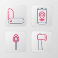 Set line Wooden axe, Burning match with fire, City map navigation and Swiss army knife icon. Vector