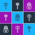 Set line Wooden axe, Funny and scary ghost mask and Neptune Trident icon. Vector