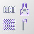 Set line Wooden axe, Garden fence wooden, Kitchen apron and icon. Vector