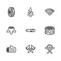 Set line Wooden axe, logs, Electric circular saw, Chainsaw, beam, Tree rings, and stump icon. Vector Royalty Free Stock Photo