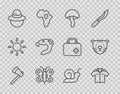 Set line Wooden axe, Shirt, Mushroom, Butterfly, Camping hat, Snake, Snail and Tiger head icon. Vector