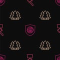Set line Wooden axe in stump, Christmas tree and logs on seamless pattern. Vector Royalty Free Stock Photo