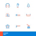 Set line Wooden axe in stump, Hand saw, Dog house, Two-handed, Tree, and Protective gloves icon. Vector