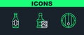 Set line Wooden barrel, Beer bottle and Whiskey and glass icon. Vector