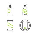 Set line Wooden barrel, Beer can, bottle and Wine icon. Vector