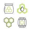 Set line Wooden barrel with honey, Honeycomb, and Jar of icon. Vector