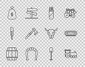 Set line Wooden barrel, Retro train, Quiver with arrows, Horseshoe, Money bag, Tomahawk axe, Shovel and Harmonica icon