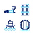 Set line Wooden barrel, Ship, and Treasure and riches icon. Vector