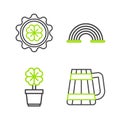 Set line Wooden beer mug, Four leaf clover in pot, Rainbow and Bottle cap with four icon. Vector