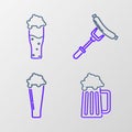 Set line Wooden beer mug, Glass of, Sausage on the fork and icon. Vector
