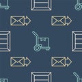 Set line Wooden box, Envelope and Hand truck and boxes on seamless pattern. Vector Royalty Free Stock Photo