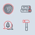 Set line Wooden log, Tree, Hammer and rings icon. Vector