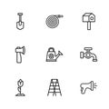 Set line Wooden staircase, Water tap, Garden hose, Watering can, Bird house, Shovel, and axe icon. Vector