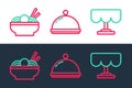 Set line Wooden table, Asian noodles in bowl and Covered with tray icon. Vector Royalty Free Stock Photo