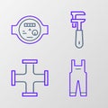 Set line Work overalls, Industry metallic pipe, Pipe adjustable wrench and Water meter icon. Vector