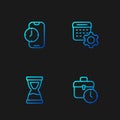 Set line Work time, Old hourglass, Alarm clock app mobile and Calendar settings. Gradient color icons. Vector Royalty Free Stock Photo