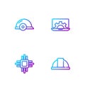 Set line Worker safety helmet, Processor with microcircuits CPU, and Laptop and gear. Gradient color icons. Vector Royalty Free Stock Photo