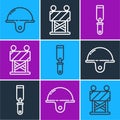 Set line Worker safety helmet, Rasp metal file and Road barrier icon. Vector