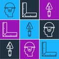 Set line Worker safety helmet, Trowel and Corner ruler icon. Vector