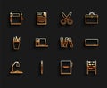 Set line Workplace with table lamp and open book, Pencil eraser, Notebook, Abacus, Computer monitor keyboard mouse