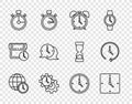 Set line World time, Clock, Alarm clock, Time Management, Stopwatch, speech bubble, and icon. Vector Royalty Free Stock Photo