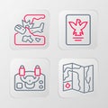 Set line World travel map, Aircraft steering helm, Passport and Plane crash icon. Vector