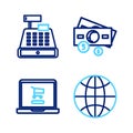 Set line Worldwide, Shopping cart on laptop, Stacks paper money cash and Cash register machine icon. Vector