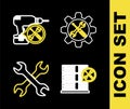 Set line Wrench and screwdriver in gear, Database server service, Crossed wrenchs and Drill machine icon. Vector