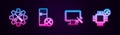 Set line Wrench and screwdriver in gear, Refrigerator service, Computer monitor and Processor. Glowing neon icon. Vector