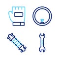 Set line Wrench spanner, Bicycle suspension, wheel and Gloves icon. Vector