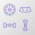 Set line Wrench spanner, Chassis car, Broken windshield and Alloy wheel icon. Vector Royalty Free Stock Photo