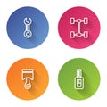 Set line Wrench spanner, Chassis car, Engine piston and Car key with remote. Color circle button. Vector