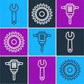 Set line Wrench spanner, Electric rotary hammer drill and Circular saw blade icon. Vector Royalty Free Stock Photo