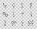 Set line Wrench spanner, Road barrier, Hammer and wrench, Putty knife, Screwdriver, Trowel and Hacksaw icon. Vector Royalty Free Stock Photo