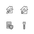 Set line Wrench spanner, Security keypad access panel, House with trowel and wrench icon. Vector Royalty Free Stock Photo