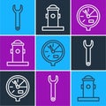 Set line Wrench spanner, Water meter and Fire hydrant icon. Vector