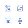 Set line Wrist watch, Browser setting, Document with graph chart and Note paper push button. Gradient color icons Royalty Free Stock Photo