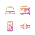 Set line Wrist watch, City map navigation, Beanie hat and Rv Camping trailer. Gradient color icons. Vector