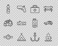 Set line Wrist watch, Coffee cup, First aid kit, Tourist tent, Bottle water, Wooden log, Anchor and Car icon. Vector Royalty Free Stock Photo