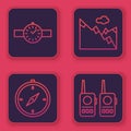 Set line Wrist watch, Compass, Mountains and Walkie talkie. Blue square button. Vector Royalty Free Stock Photo