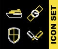 Set line Wrist watch, Crossed meat chopper, Shield and Ship icon. Vector