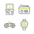 Set line Wrist watch, Gamepad, Radio with antenna and Tetris icon. Vector