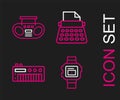 Set line Wrist watch, Music synthesizer, Retro typewriter and Home stereo with two speakers icon. Vector