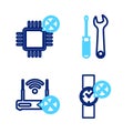 Set line Wrist watch service, Router wi-fi with, Screwdriver and wrench and Processor icon. Vector