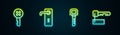 Set line Wrong key, Door handle, Key and Marked. Glowing neon icon. Vector