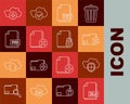 Set line XLS file document, Cloud and shield, Delete folder, TXT, PSD, Add cloud and Document lock icon. Vector